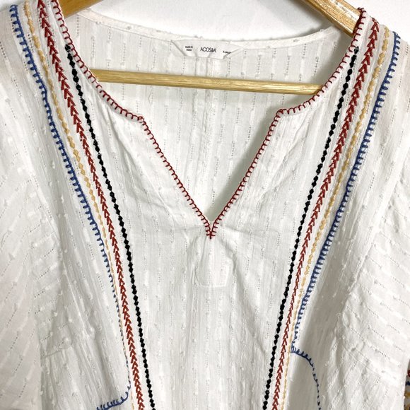 ACOS&A white boho cotton tunic top XL – embroidered v-neck, puff sleeves - Picture 2 of 8